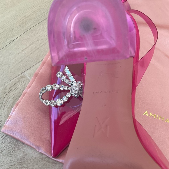 Amina Muaddi Pink Stiletto Heels with Rhinestone Bow - Picture 8 of 11